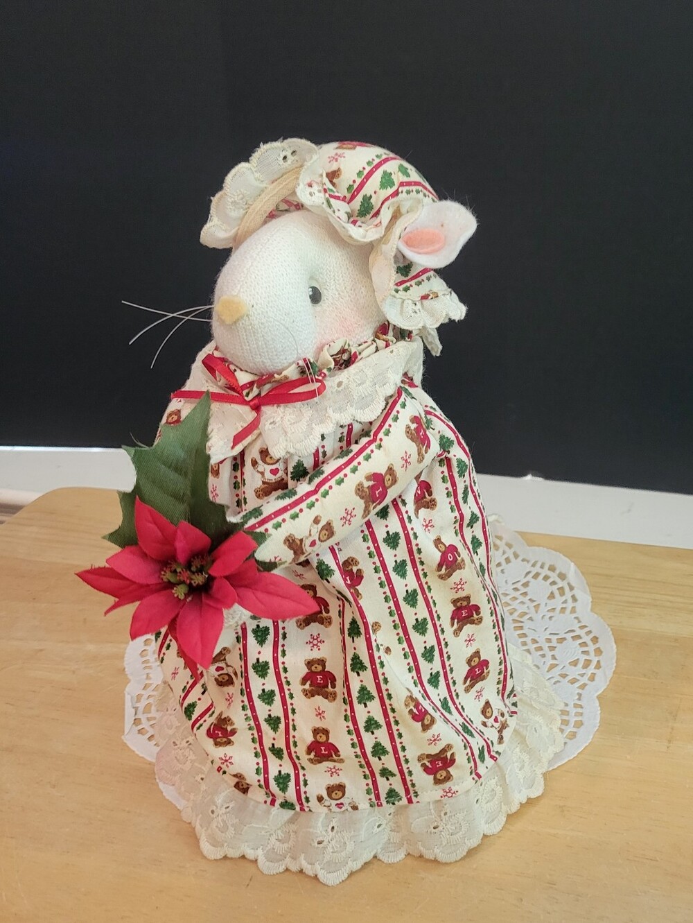 Handmade Fabric Christmas Mouse Doll Dressed With HAT & Poinsettia